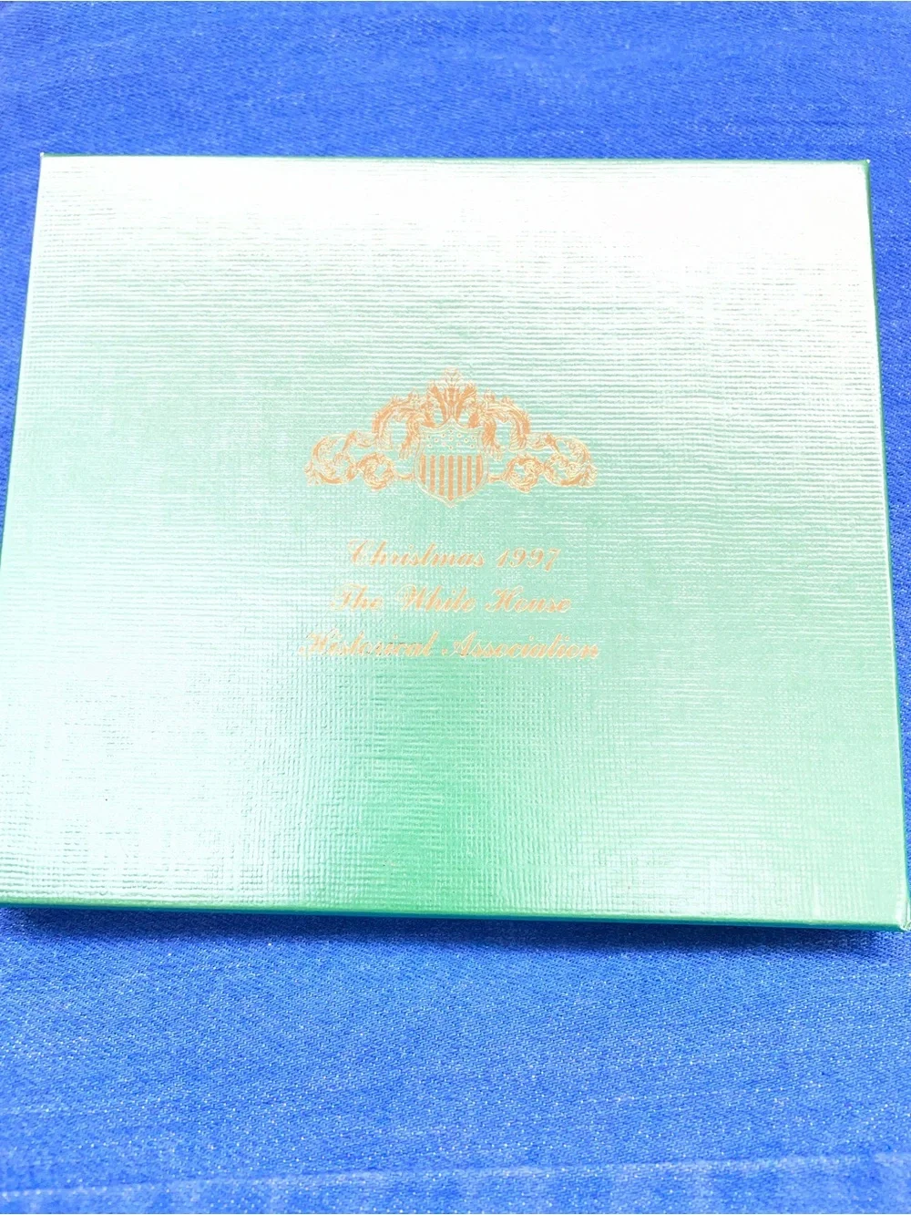 Gold Christmas 1997 White House Frame Ornament with Burgundy Ribbon